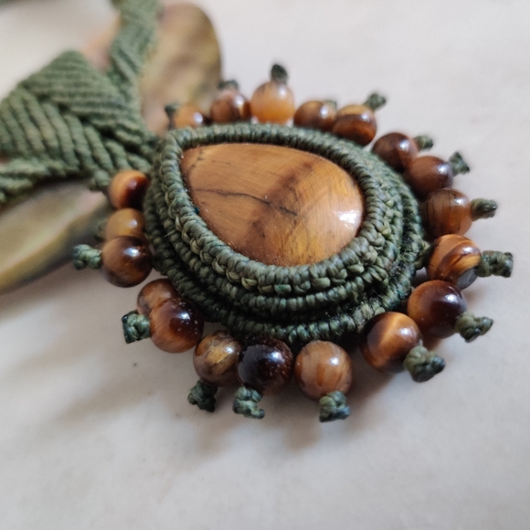 OOAK Artisan Macrame Necklace with Genuine Mother of Pearl and Tiger Eye Stones - Picture 7 of 13